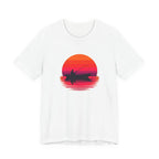 Retro artwork showing a silhouette of a person fishing from a boat over glowing sunset water reflections, with bold pink and orange horizon lines on a black circular background.