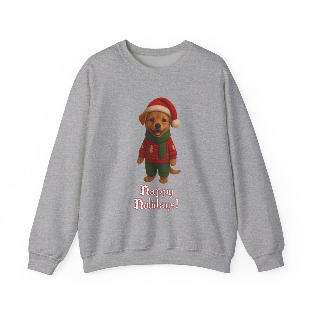 Crewneck Sweatshirt — Cute Puppy in Santa Outfit “Happy Holidays!” Christmas Sweater