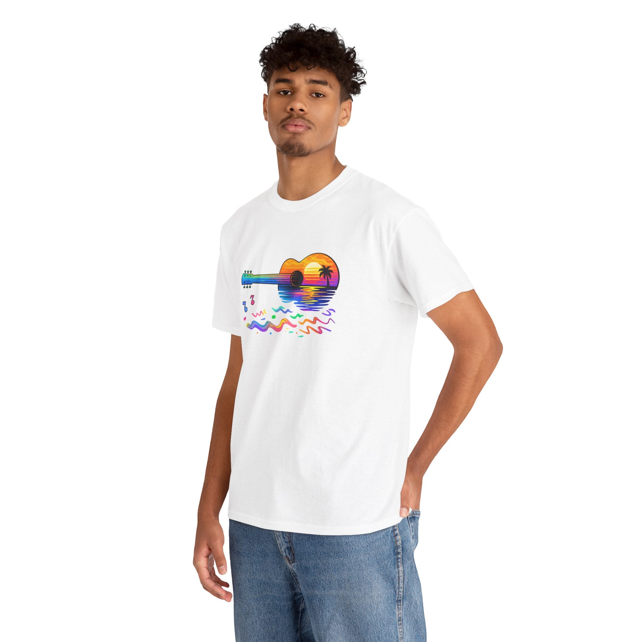 Guitar Sunset T-Shirt — Retro Tropical Sunrise Music Tee