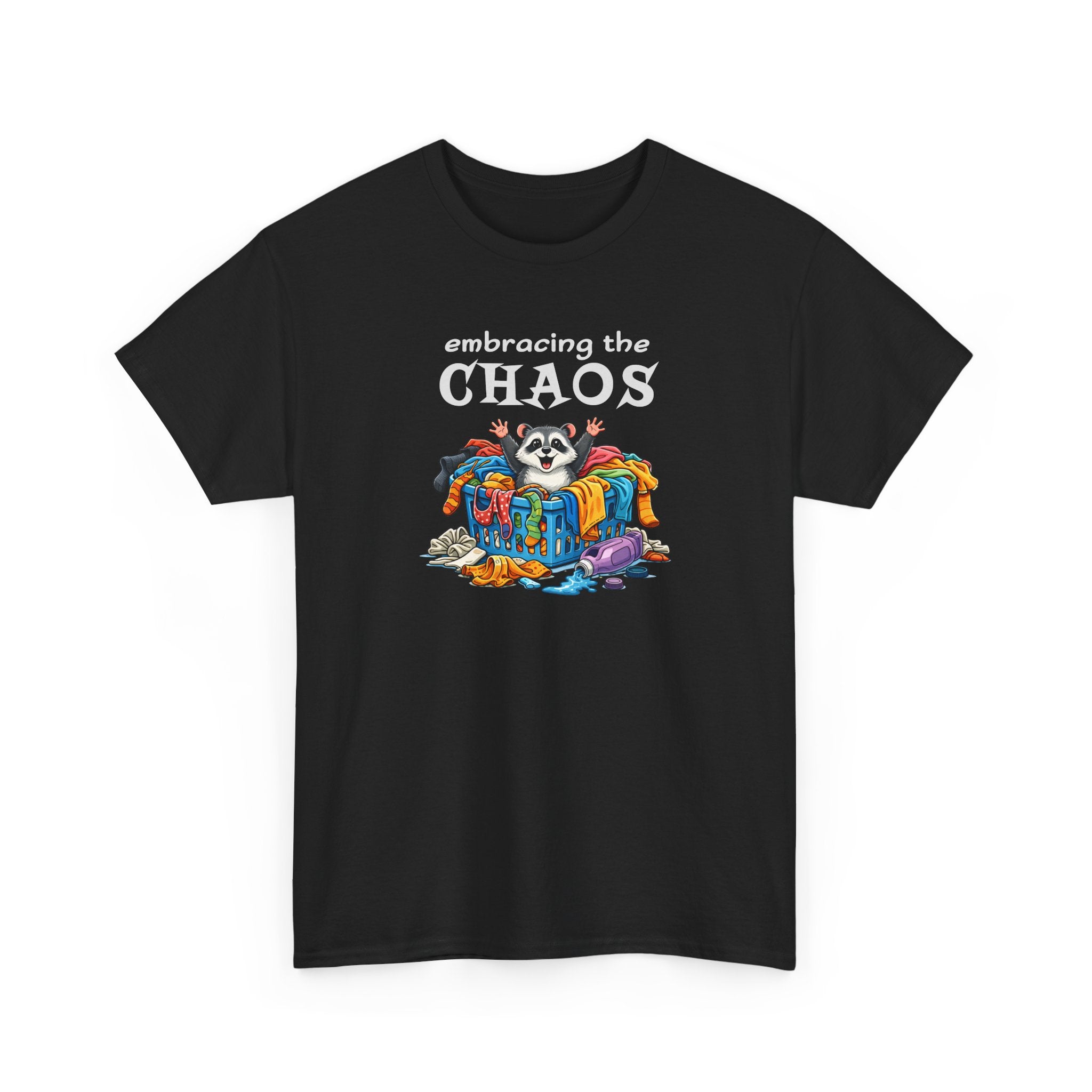 Embracing the Chaos T‑Shirt — Playful Raccoon & Messy Wardrobe Graphic Tee