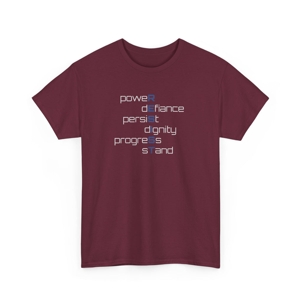 Resist T‑Shirt — 'power defiance persist dignity progress stand' Minimalist Protest Tee