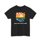 Black t-shirt with a graphic of sneakers and a sunset, and text 'just one more mile' on a white background.