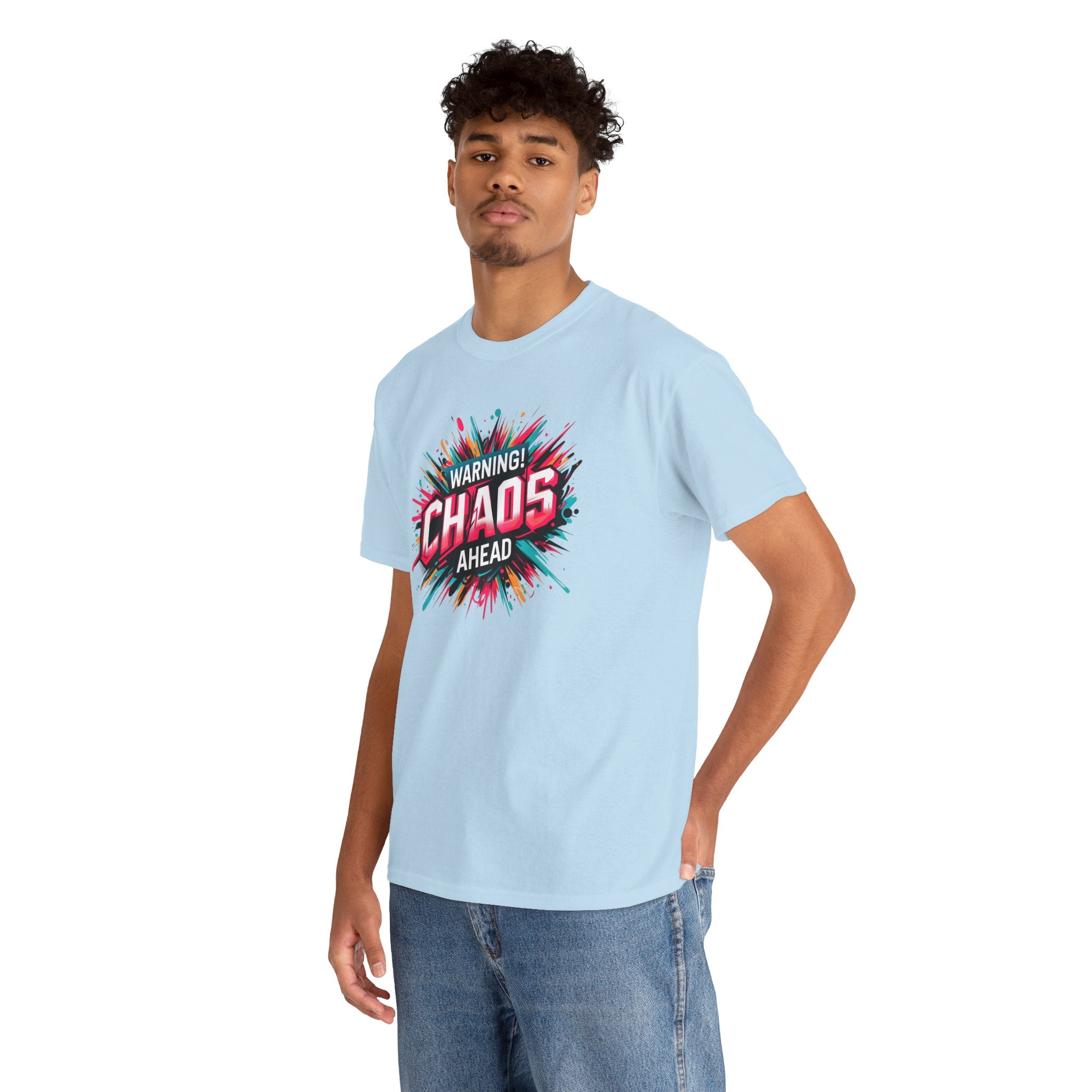 Chaos Ahead Graphic Tee — Warning! Colorful Explosion Design