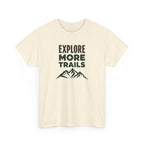 Beige t-shirt with 'Explore More Trails' text and mountain graphic on a white background