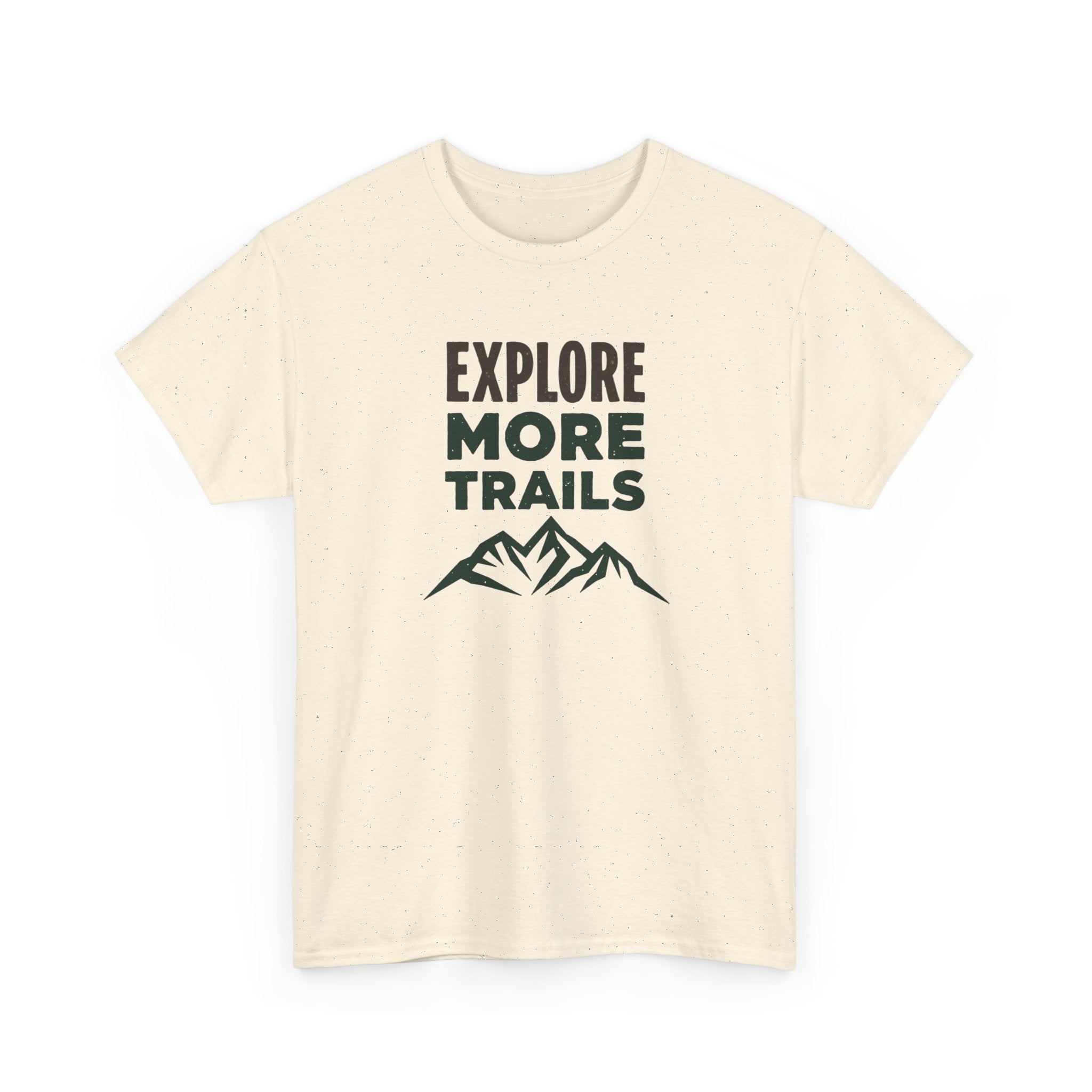 Beige t-shirt with 'Explore More Trails' text and mountain graphic on a white background