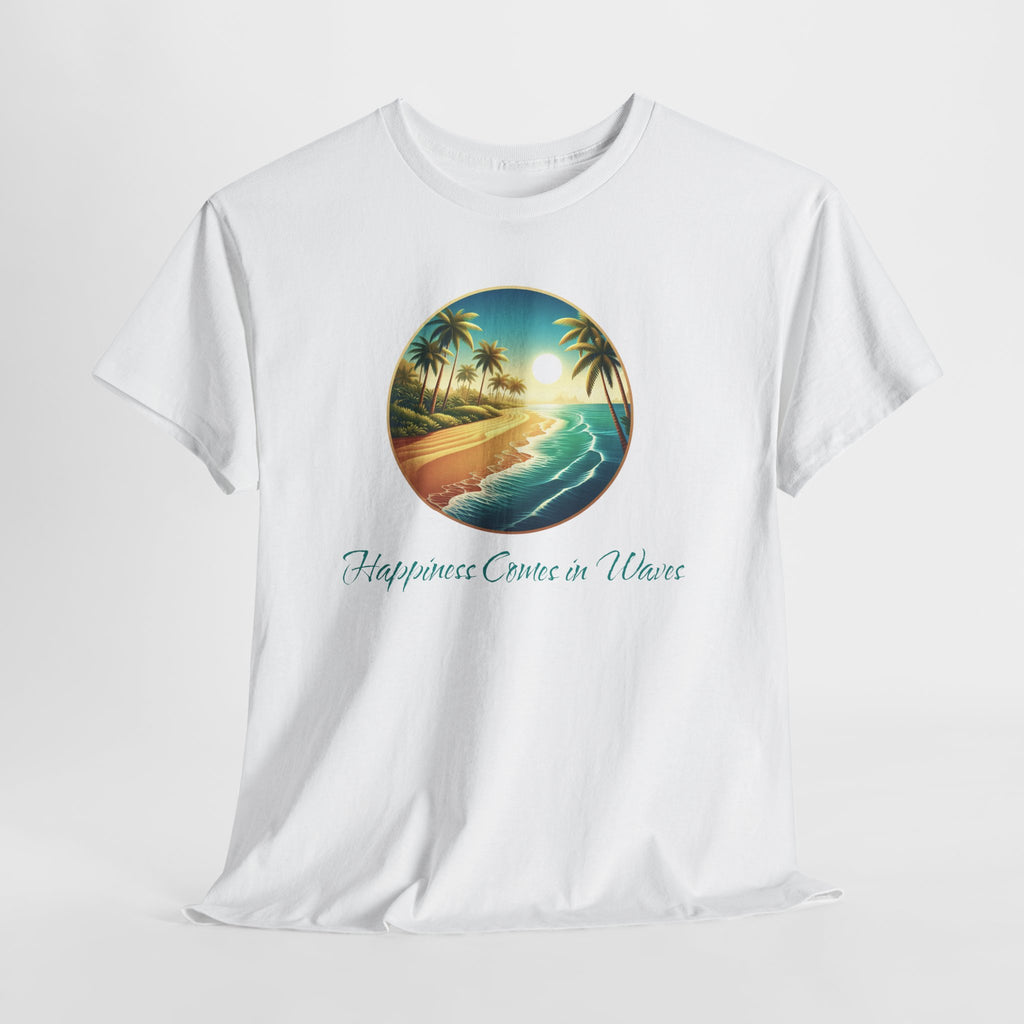 Beach Sunset T-Shirt — "Happiness Comes in Waves" Surf Graphic Tee