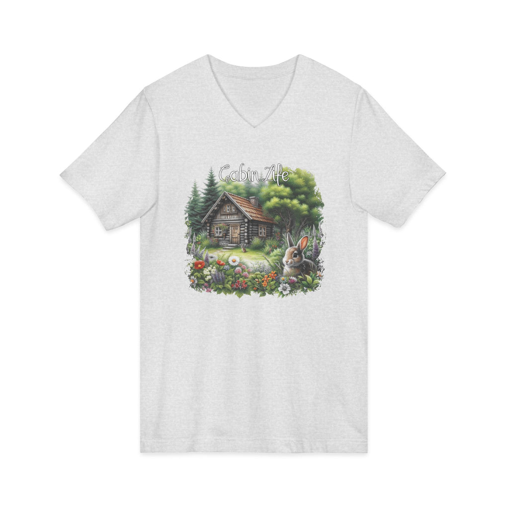 Cabin Life V-Neck Tee – Rustic Cottage & Bunny Nature Shirt