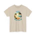 a beach graphic with palm trees and ocean in the middle with the text 'beach? shore thing!'