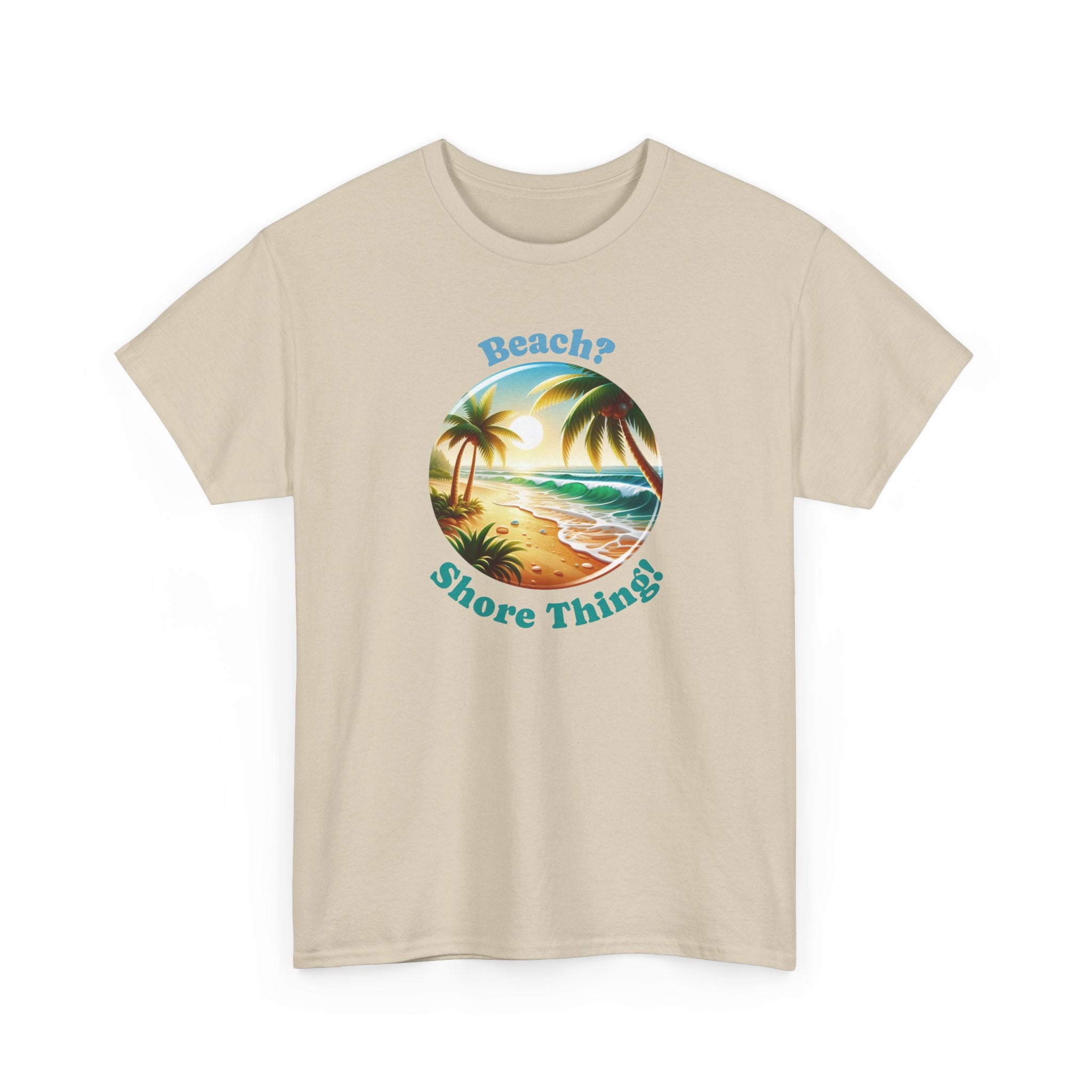 a beach graphic with palm trees and ocean in the middle with the text 'beach? shore thing!'