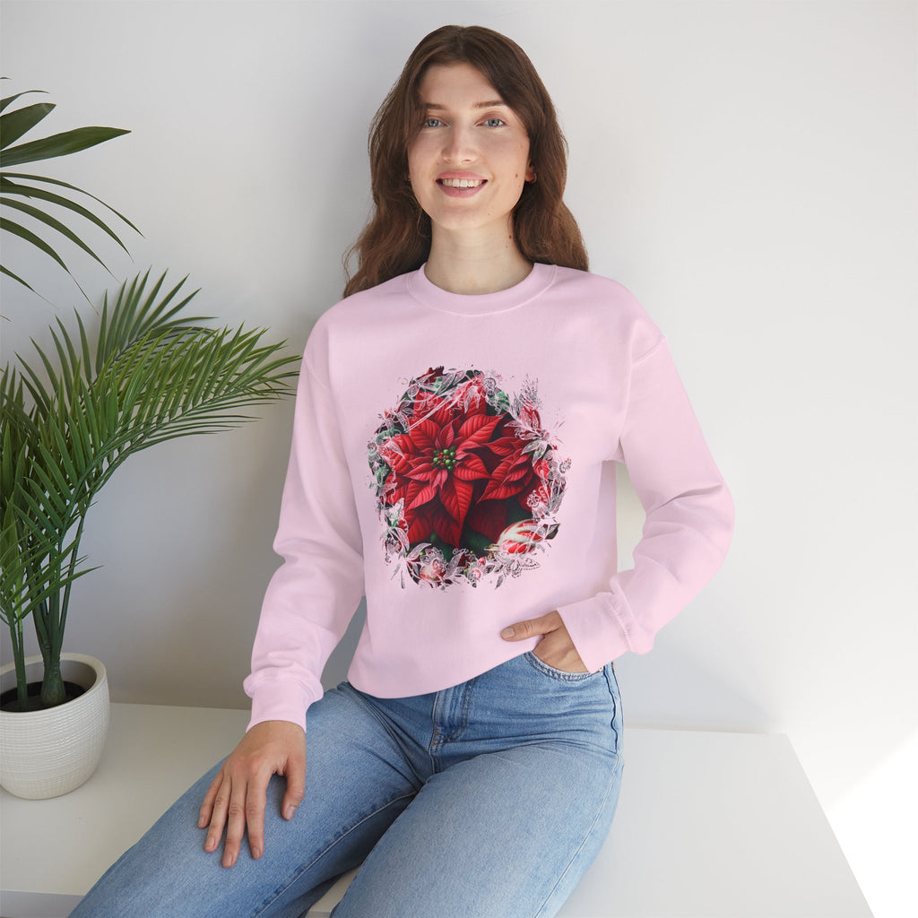 Poinsettia Wreath Crewneck Sweatshirt — Holiday Floral Christmas Sweater