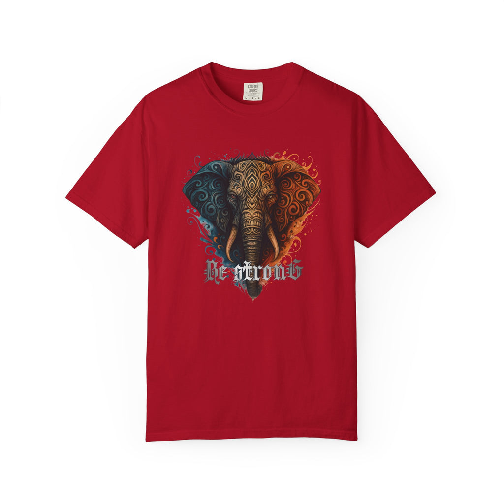 Elephant Head Graphic Tee — 'Be Strong' Tribal Art T-Shirt