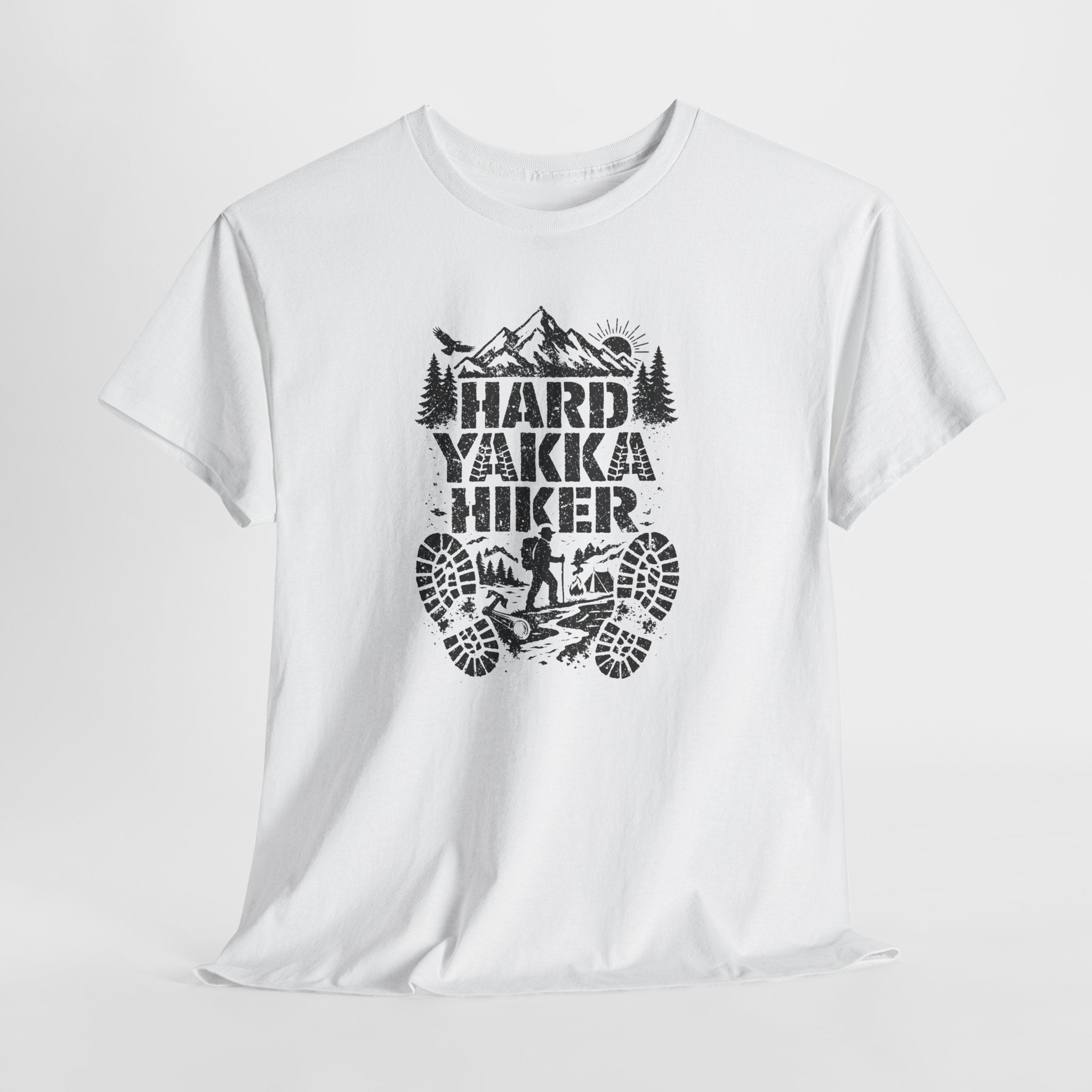 Hard Yakka Hiker T-Shirt — Outdoor Hiking Tee with Mountain Bootprint Design