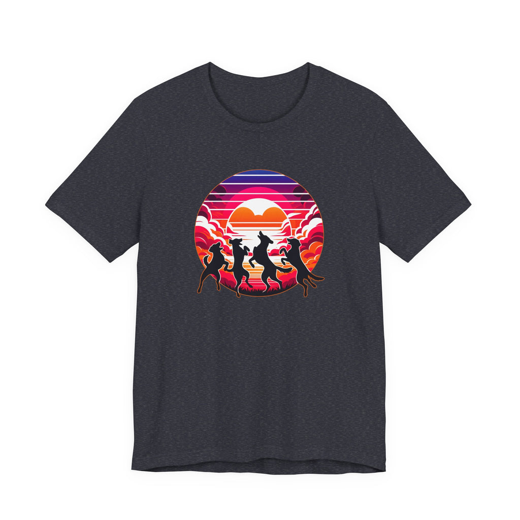 Retro Sunset Dancing Dogs T-Shirt — Vintage Rainbow Skyline Graphic Tee