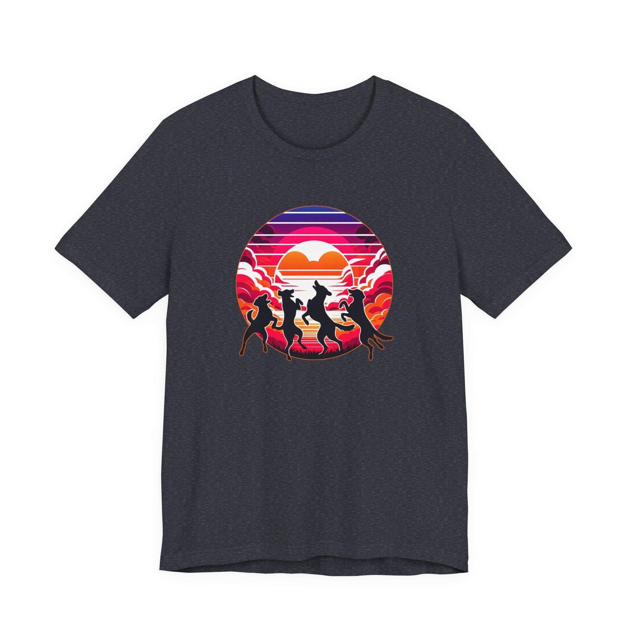 Retro Sunset Dancing Dogs T-Shirt — Vintage Rainbow Skyline Graphic Tee