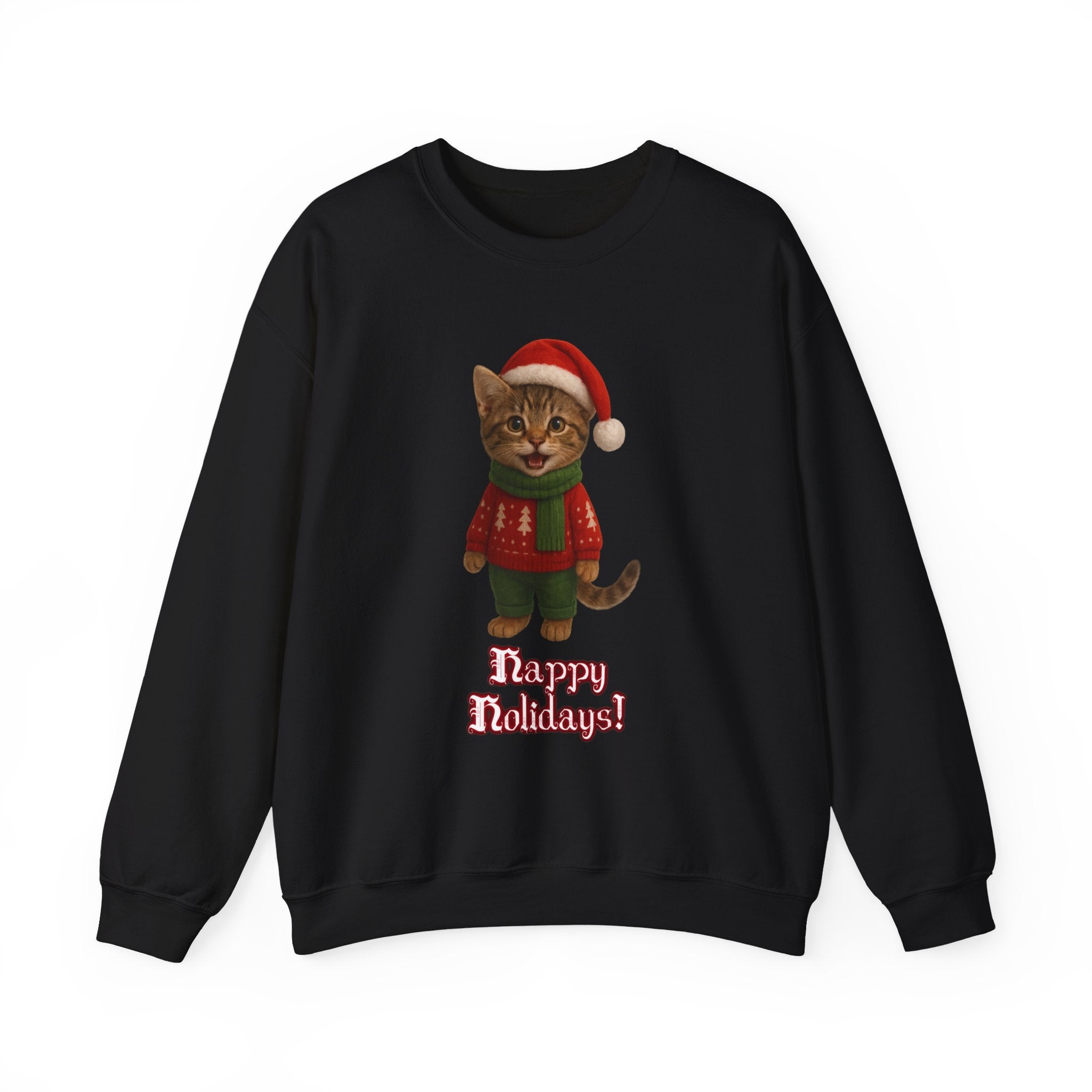Christmas Kitten Sweatshirt – 'Happy Holidays!' Cute Cat Holiday Crewneck
