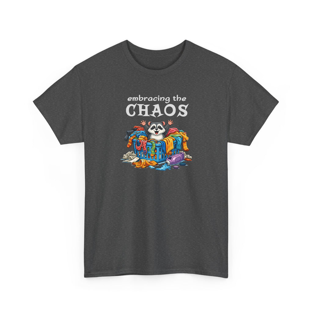 Embracing the Chaos T‑Shirt — Playful Raccoon & Messy Wardrobe Graphic Tee