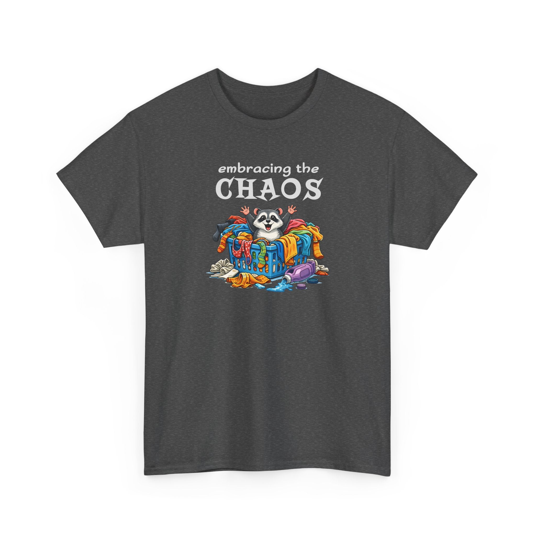 Embracing the Chaos T‑Shirt — Playful Raccoon & Messy Wardrobe Graphic Tee