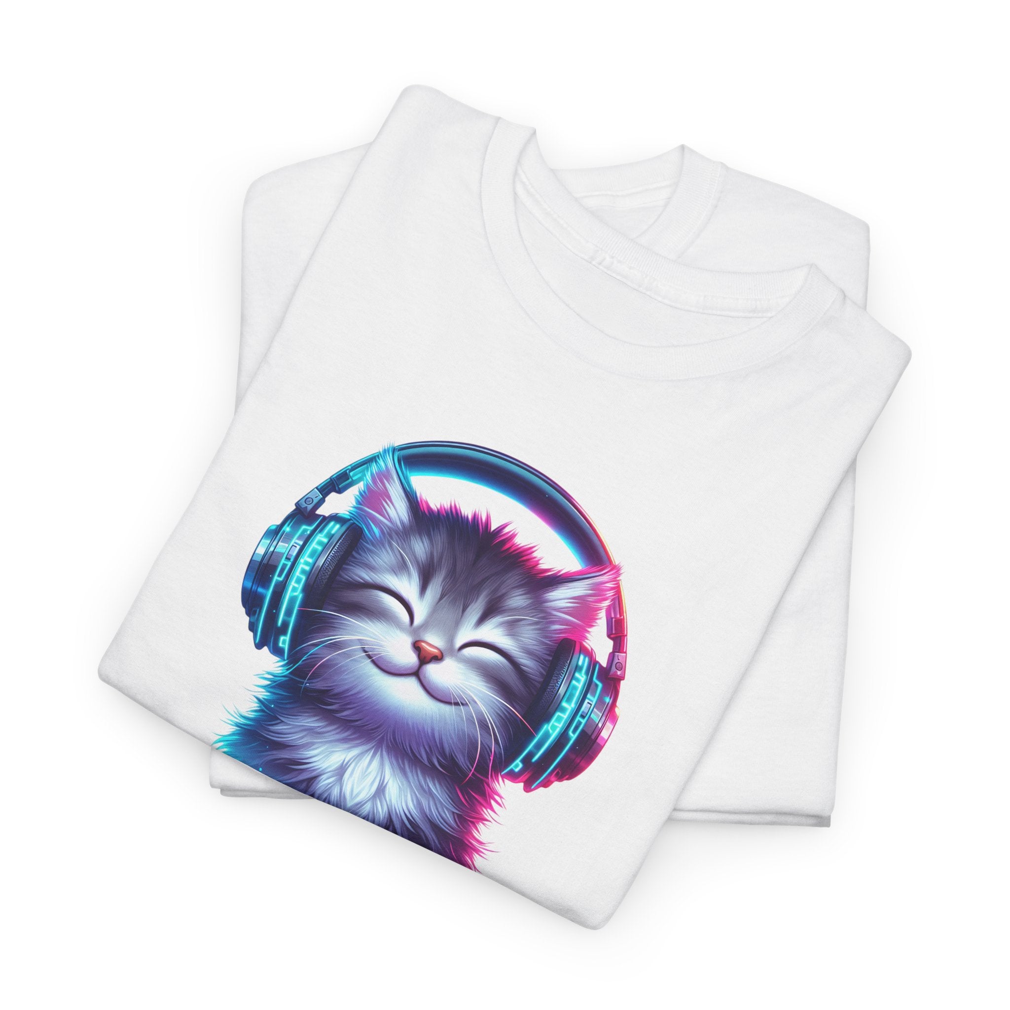 Cat Headphones T-Shirt - "Paws Play Repeat" Cute Music Cat Tee
