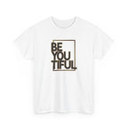 White t-shirt with 'BE YOU TIFUL' text in black and gold on a white background
