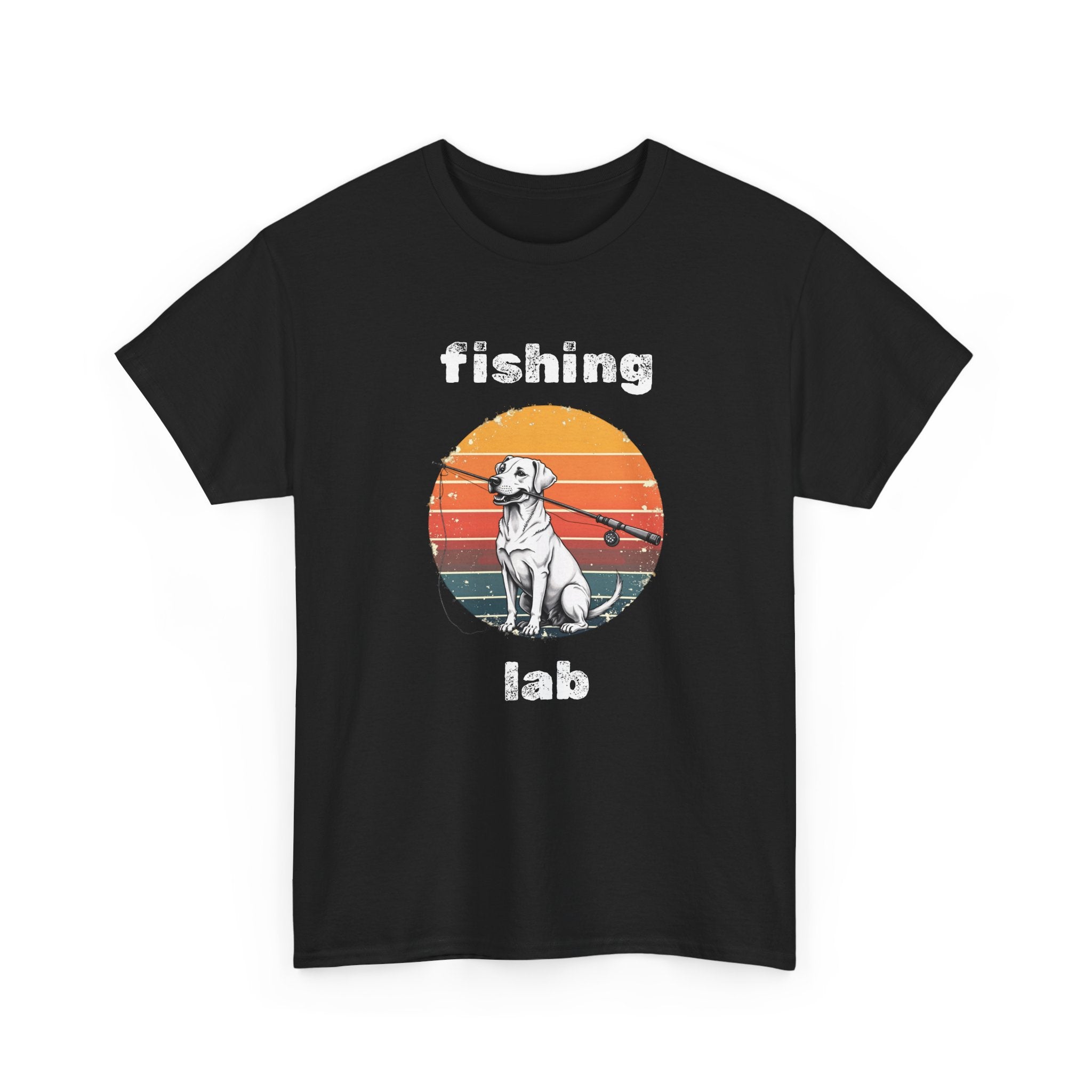 Fishing Lab T-Shirt — Retro Sunset Labrador Fishing Tee for Dog Lovers