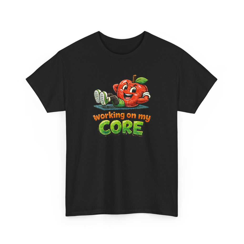 Black t-shirt with a cartoon apple character and 'Working on my CORE' text on a white background