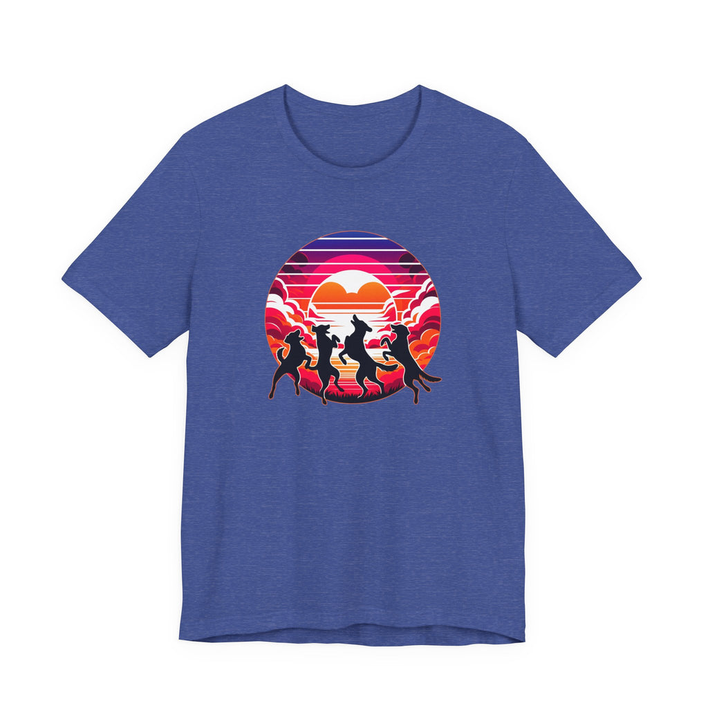 Retro Sunset Dancing Dogs T-Shirt — Vintage Rainbow Skyline Graphic Tee