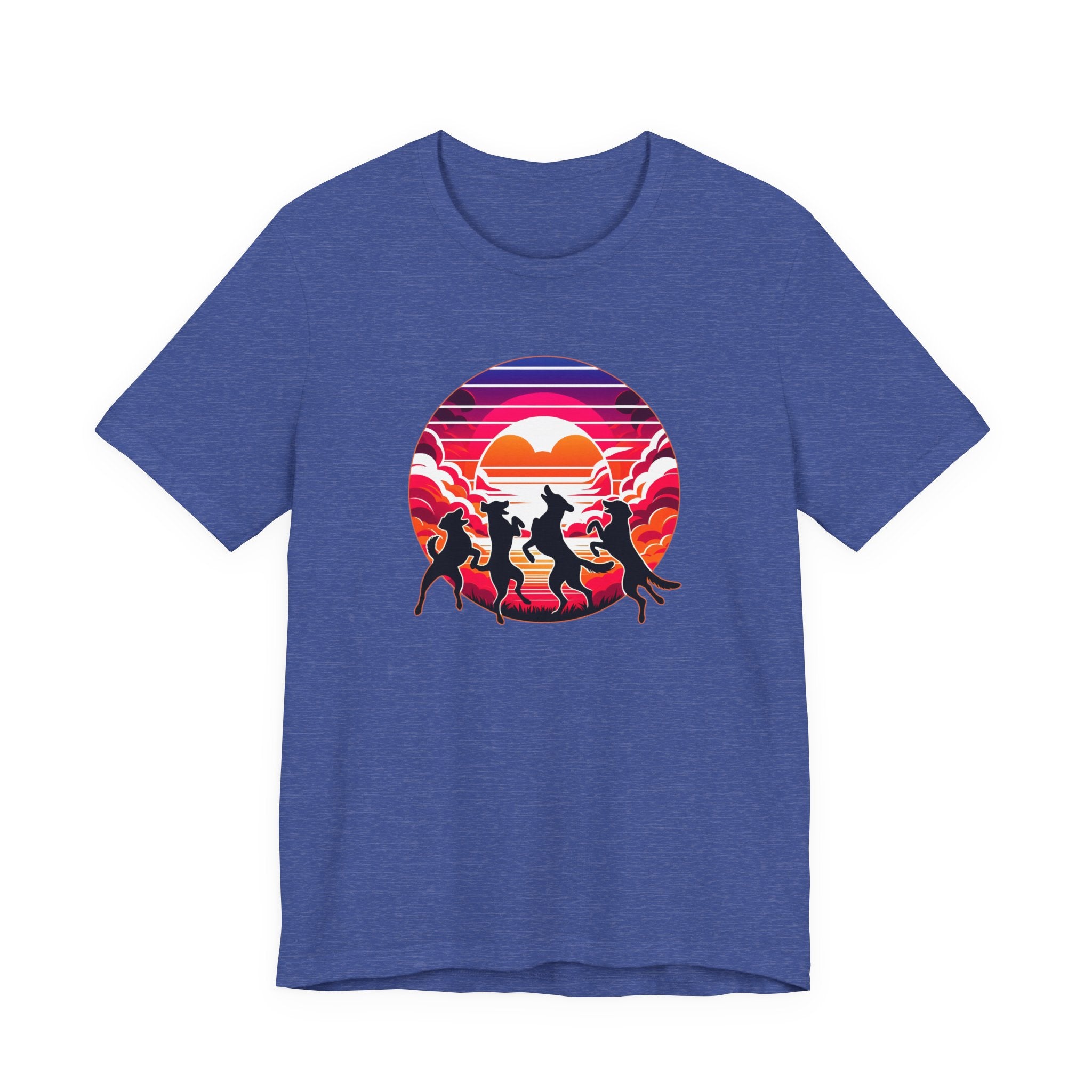 Retro Sunset Dancing Dogs T-Shirt — Vintage Rainbow Skyline Graphic Tee