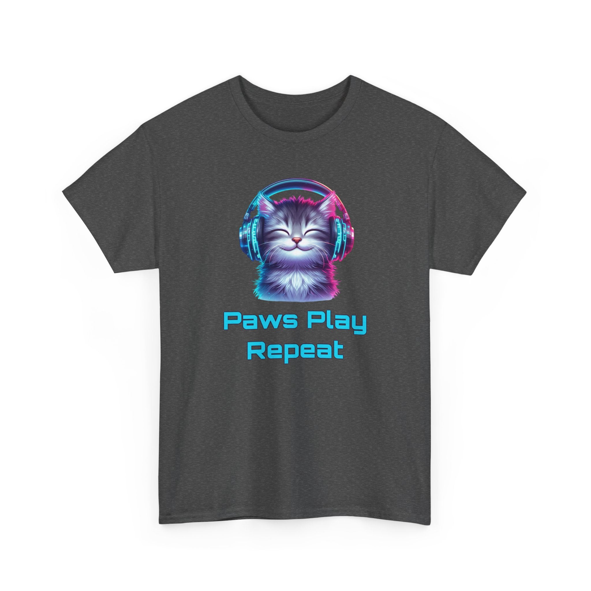 a cat with headphones on, neon pink and blue colors, with the text 'paws, play, repeat'