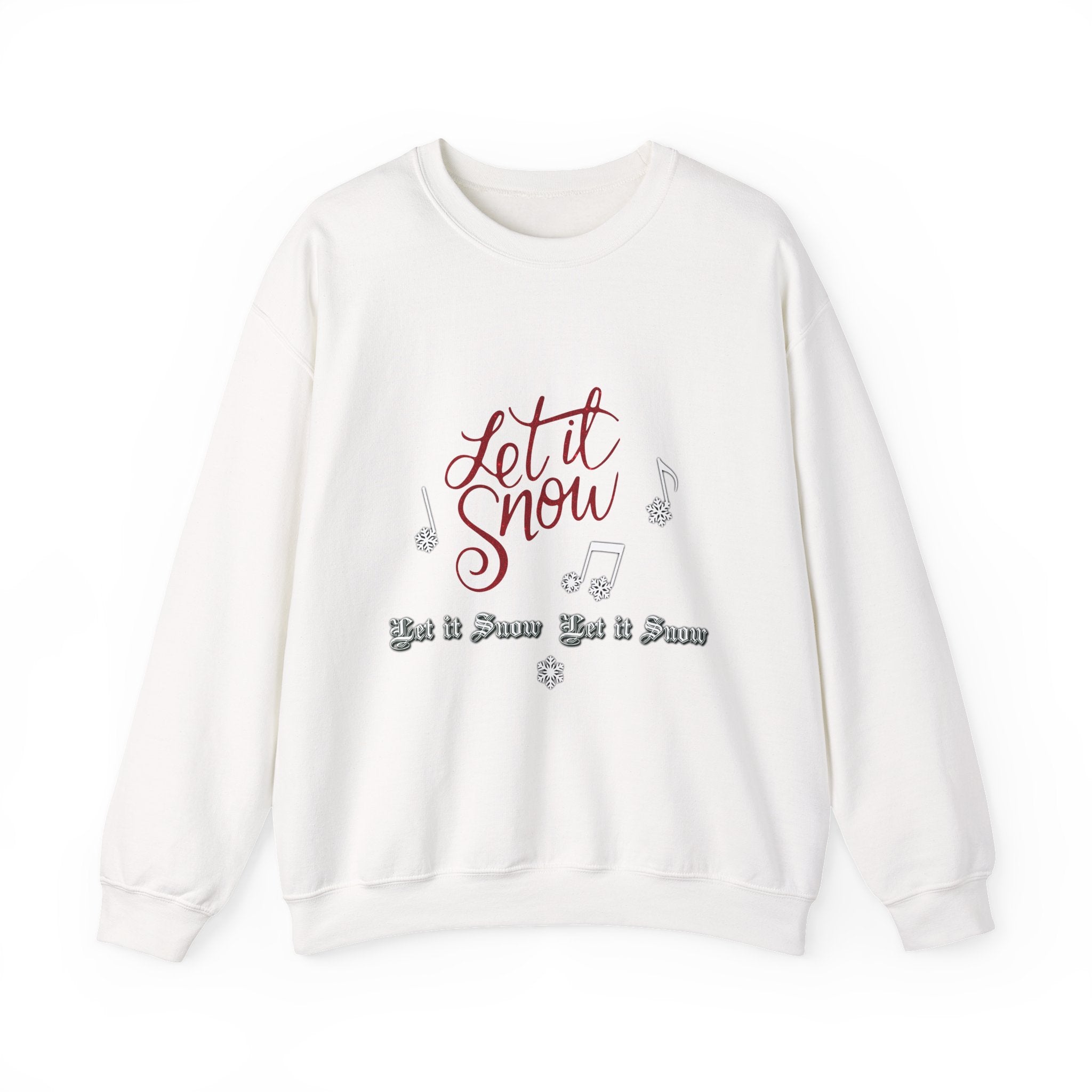 Festive ‘Let It Snow’ holiday graphic with glittery red lettering, musical notes, and white snowflakes.