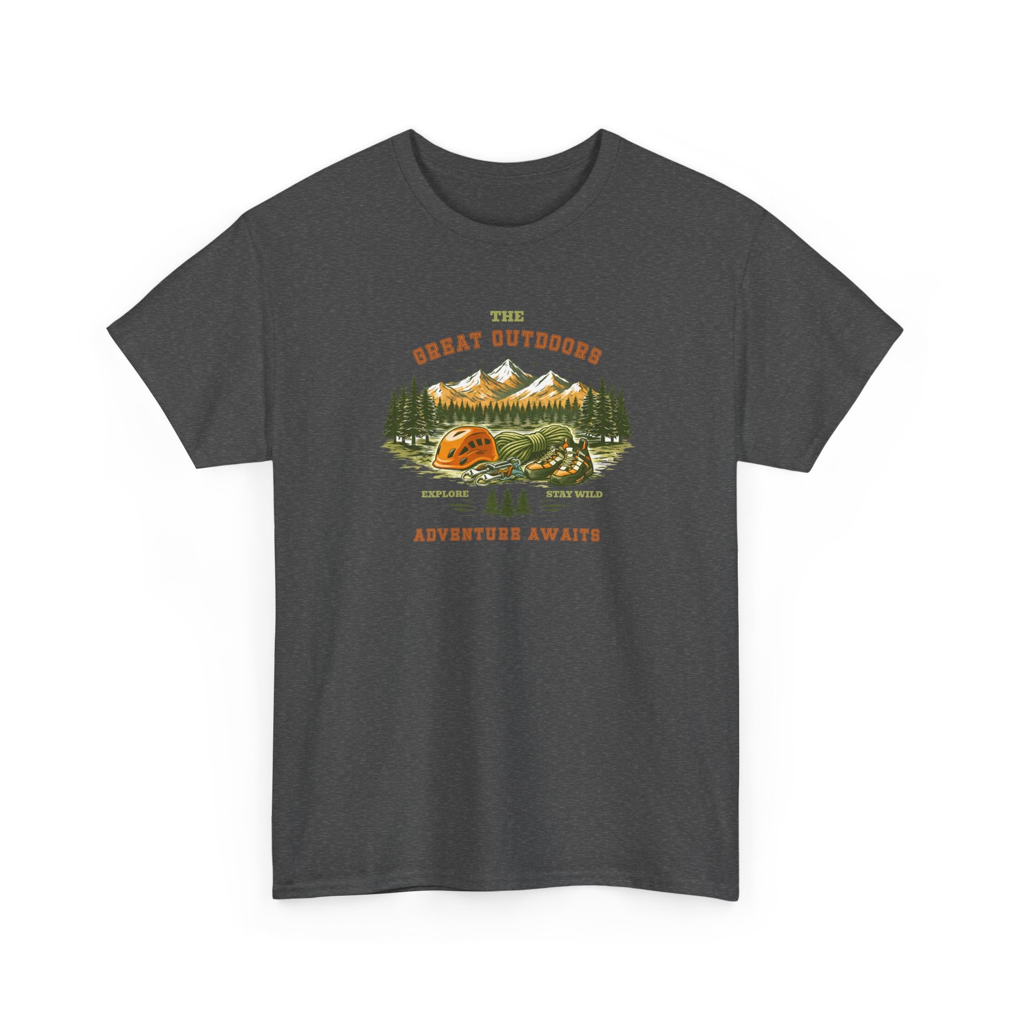 Rock Climbing Camping T-Shirt — "The Great Outdoors: Adventure Awaits" Graphic Tee