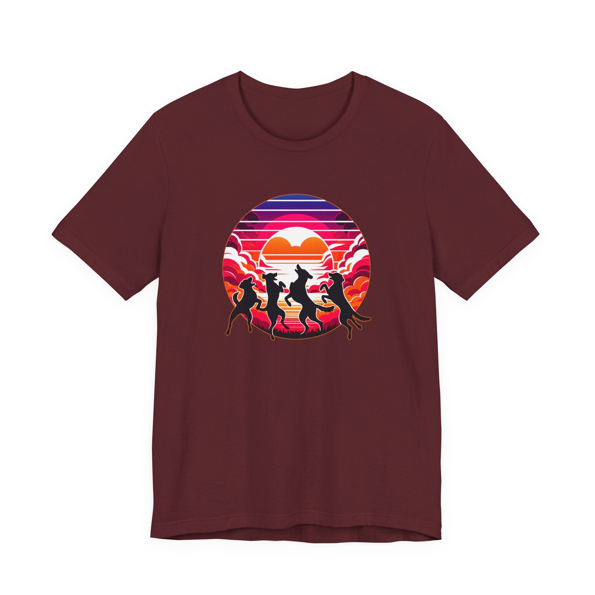 Retro Sunset Dancing Dogs T-Shirt — Vintage Rainbow Skyline Graphic Tee
