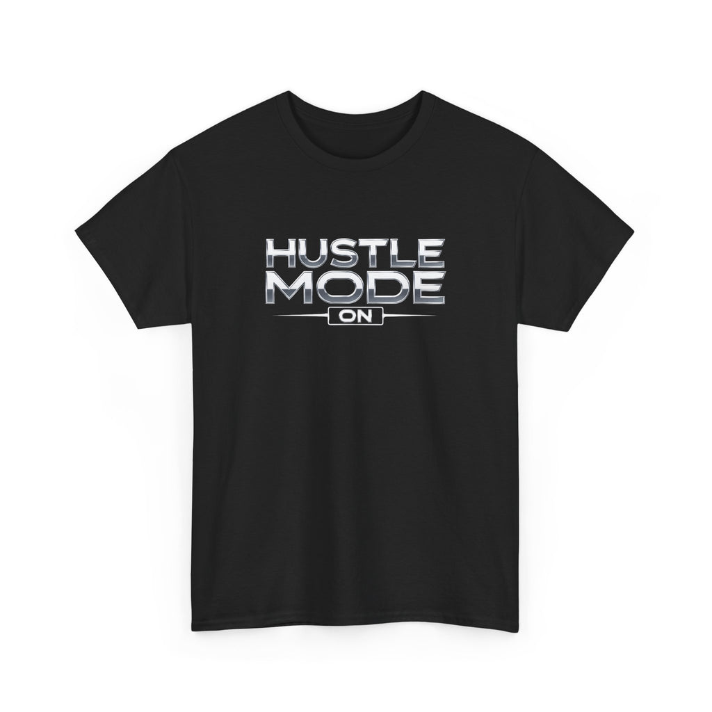 Black t-shirt with 'Hustle Mode On' text in metallic colors on a white background
