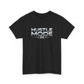 Black t-shirt with 'Hustle Mode On' text in metallic colors on a white background