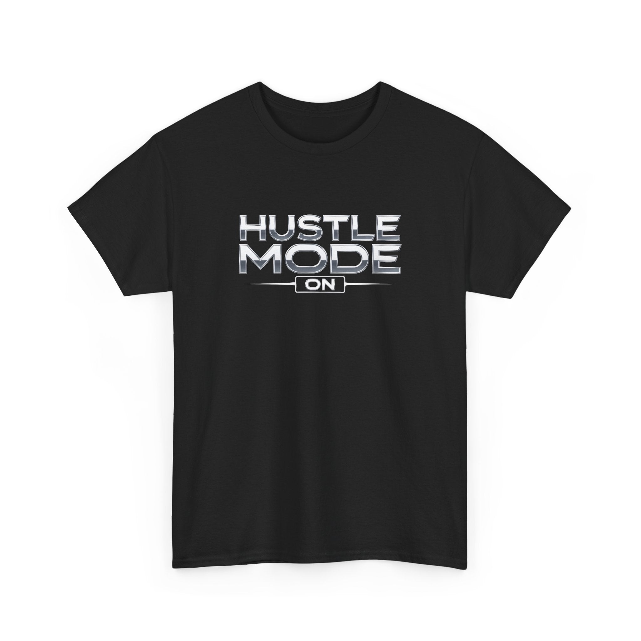 Black t-shirt with 'Hustle Mode On' text in metallic colors on a white background
