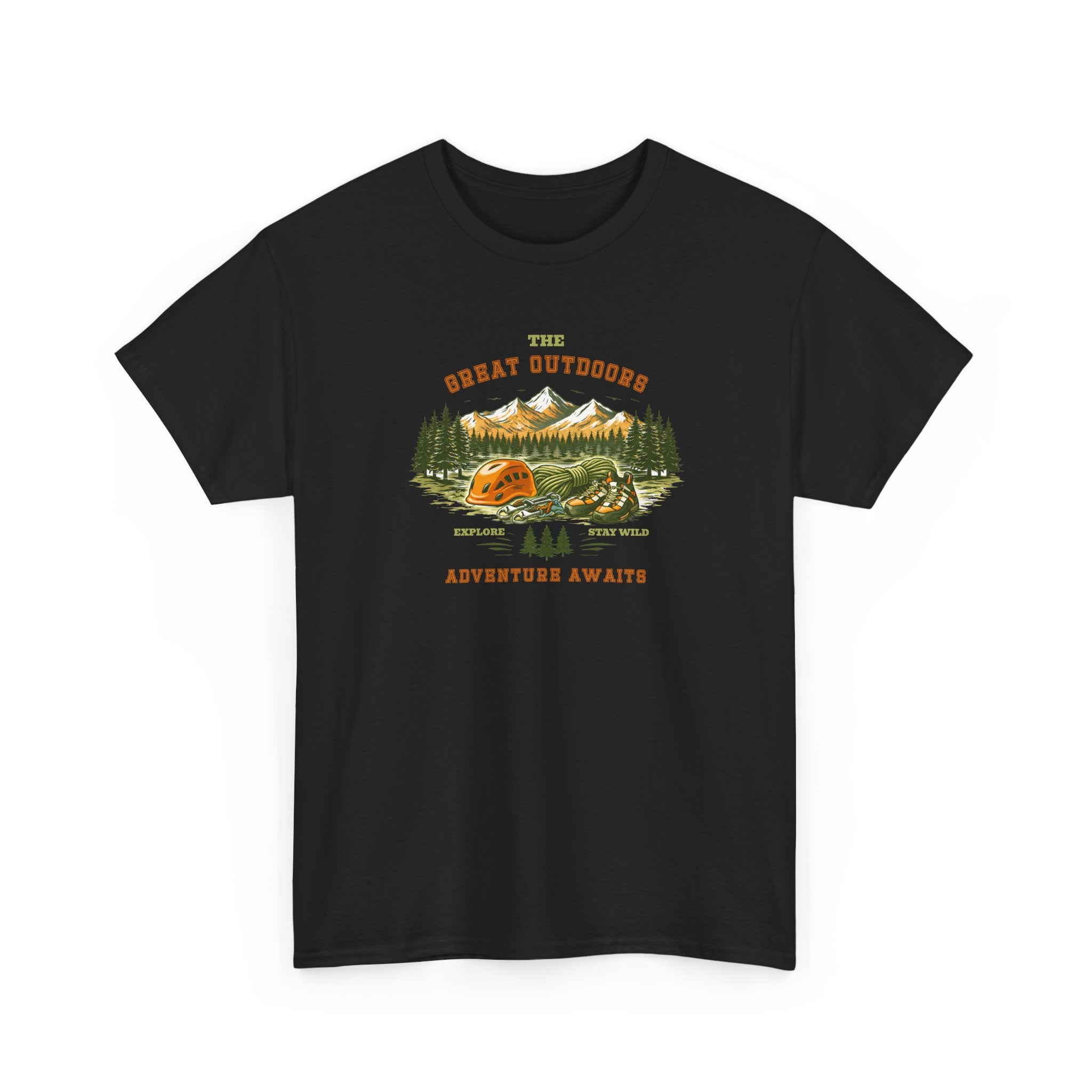 Rock Climbing Camping T-Shirt — "The Great Outdoors: Adventure Awaits" Graphic Tee