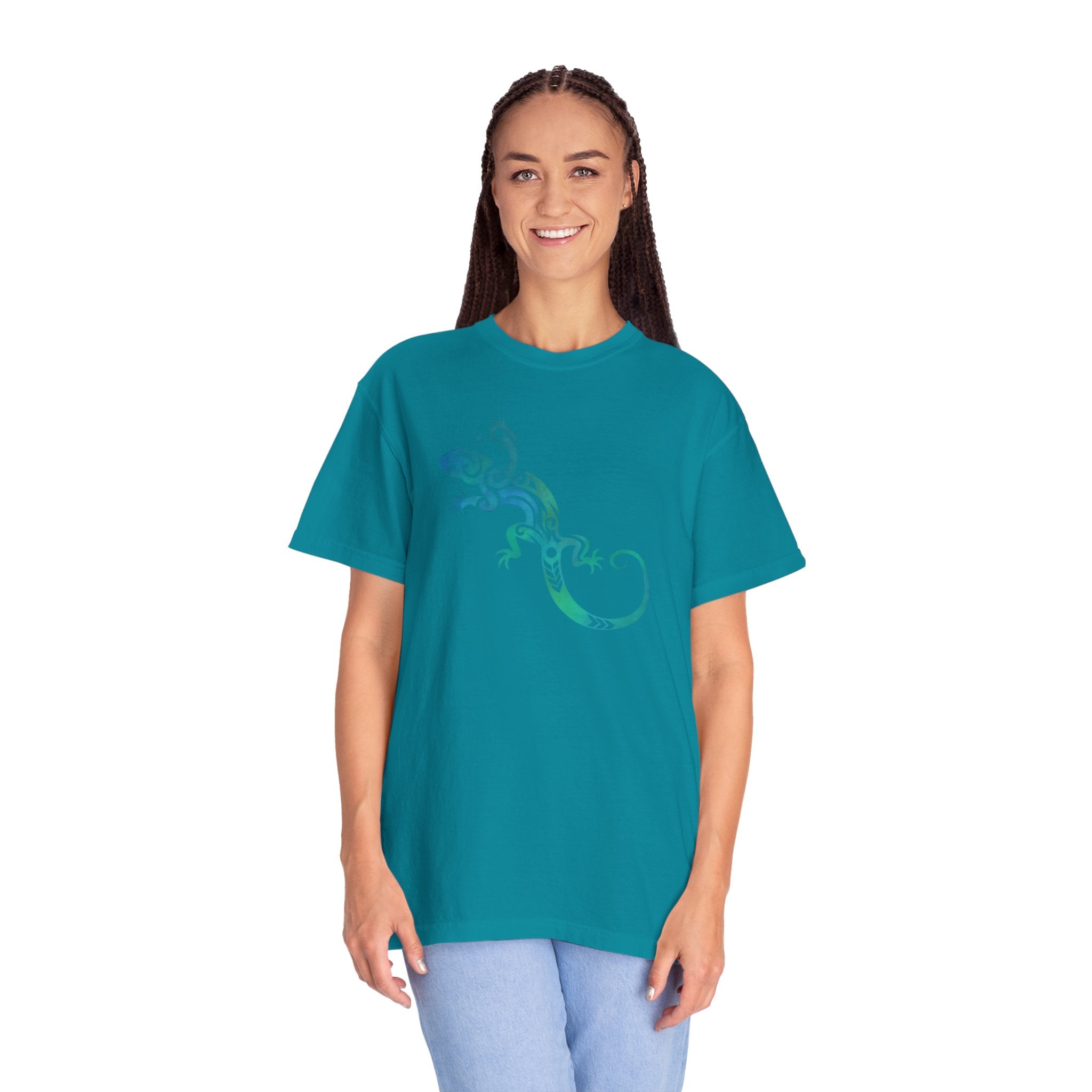 Tribal Lizard Graphic Tee — Blue Green Gecko T-Shirt