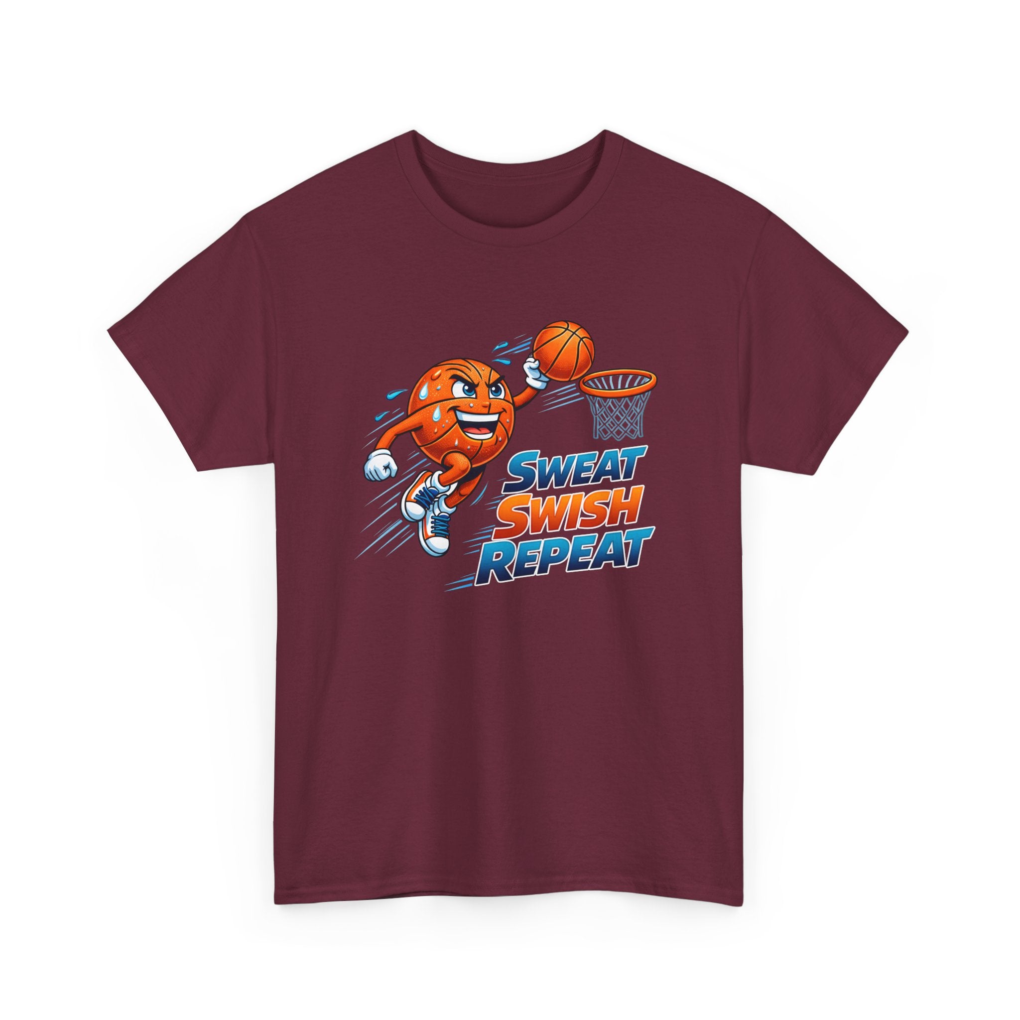 Sweat Swish Repeat Basketball T‑Shirt — Fun Hoop Cartoon Graphic Tee
