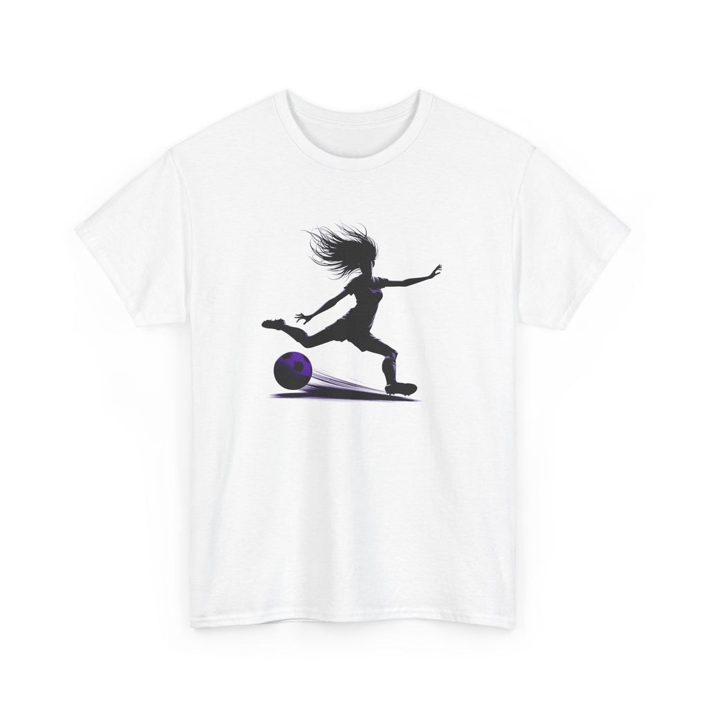 White t-shirt with a black silhouette of a person kicking a football soccer ball on a white background