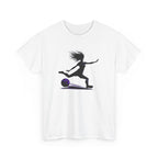 White t-shirt with a black silhouette of a person kicking a football soccer ball on a white background