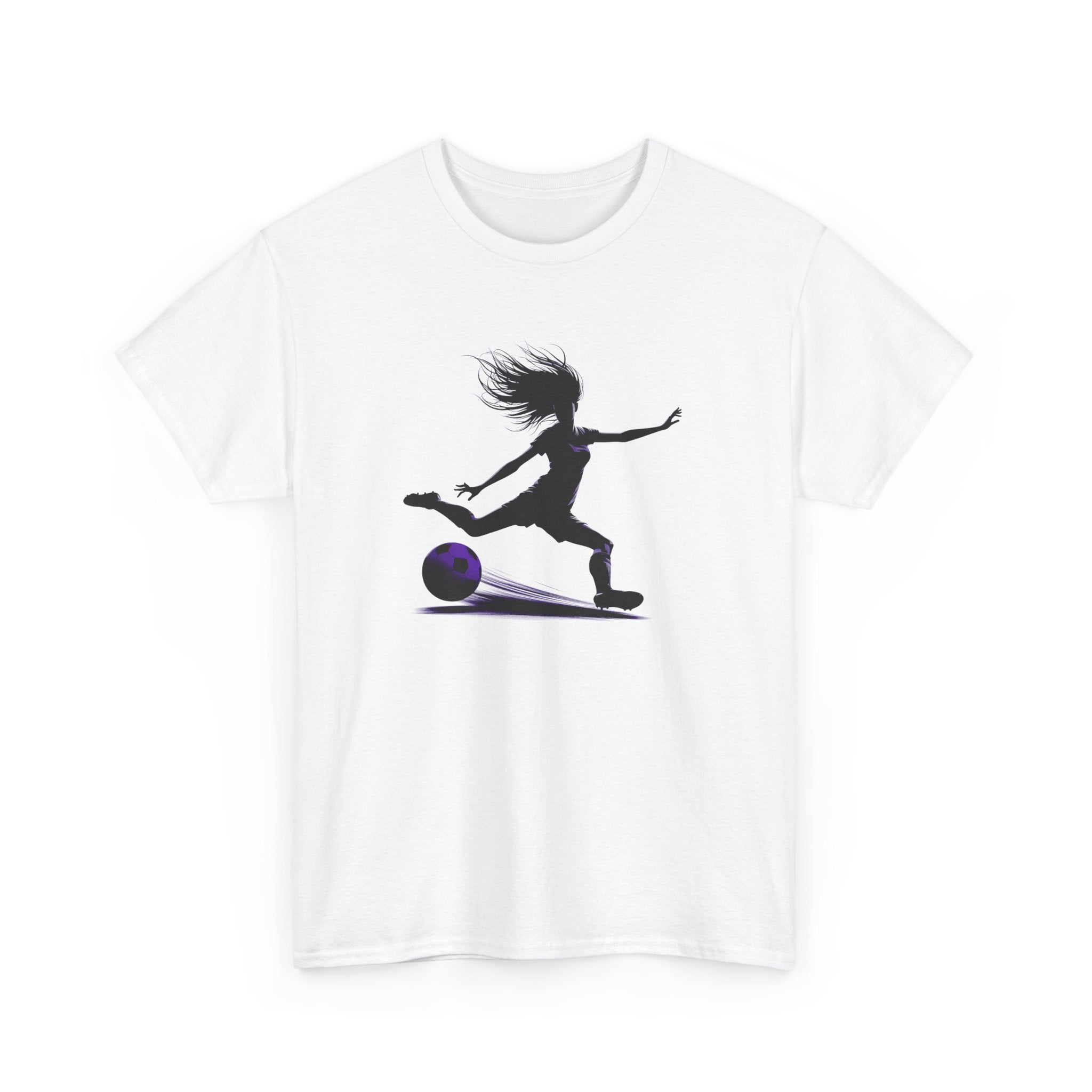 White t-shirt with a black silhouette of a person kicking a football soccer ball on a white background