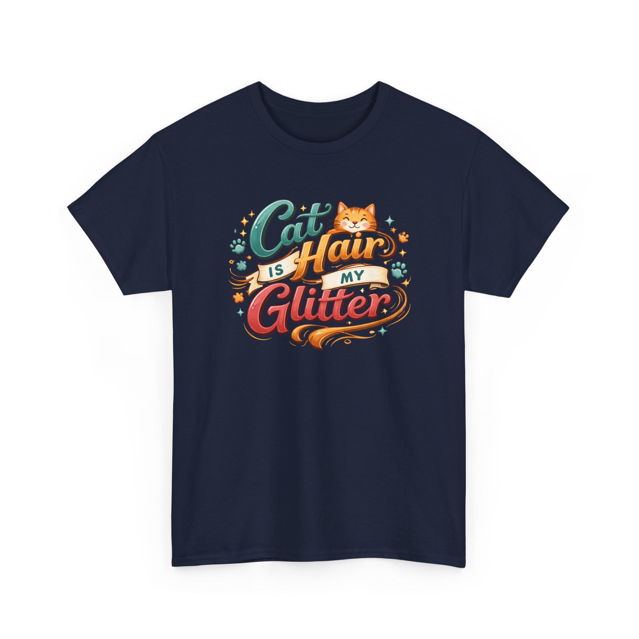 Navy blue t-shirt with colorful graphic and text 'Cat Hair is My Glitter' on a white background