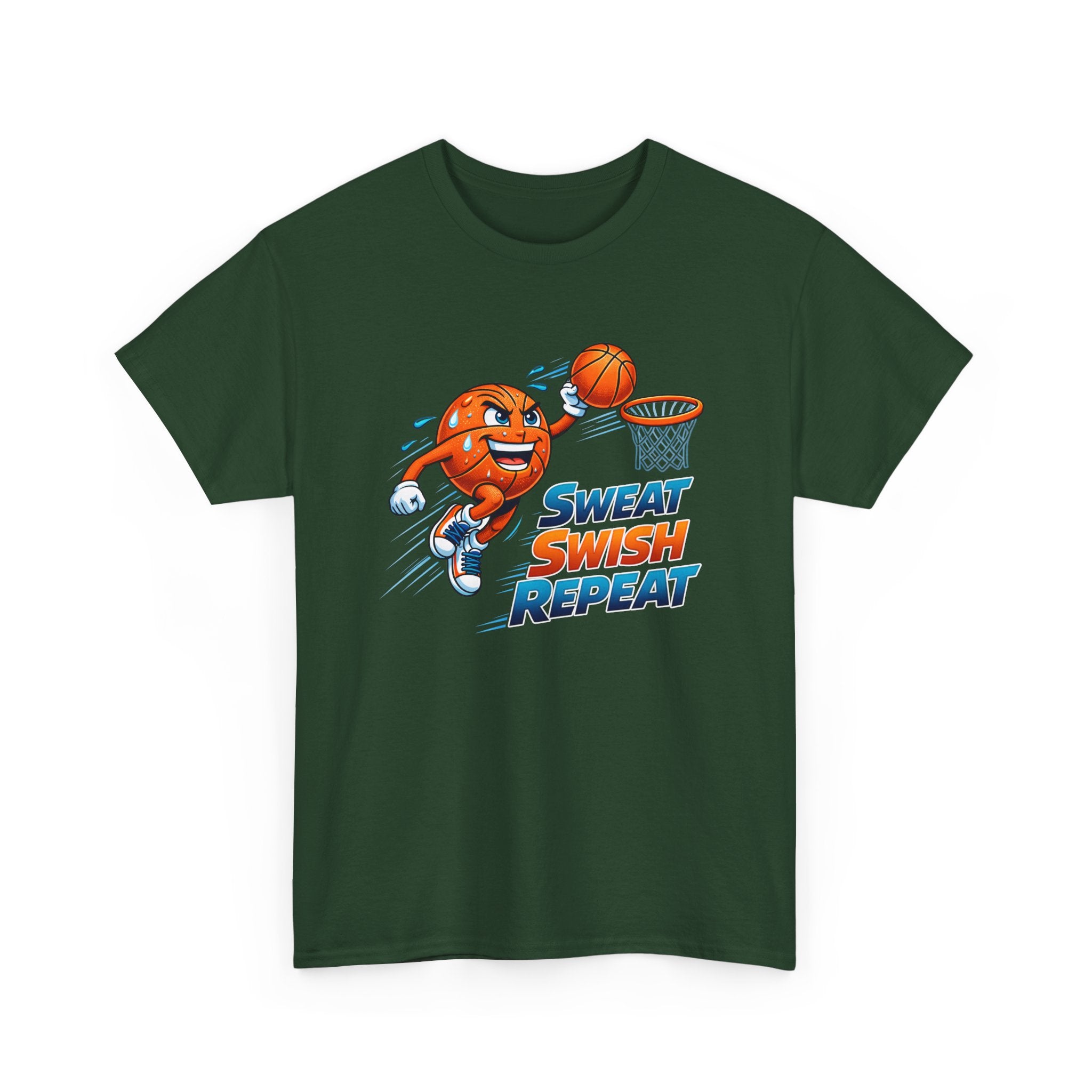 Sweat Swish Repeat Basketball T‑Shirt — Fun Hoop Cartoon Graphic Tee