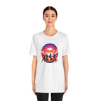 Retro Sunset Dancing Dogs T-Shirt — Vintage Rainbow Skyline Graphic Tee
