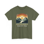 Green t-shirt with a mountain and sunset design and 'Fresh Air Club' text on a white background