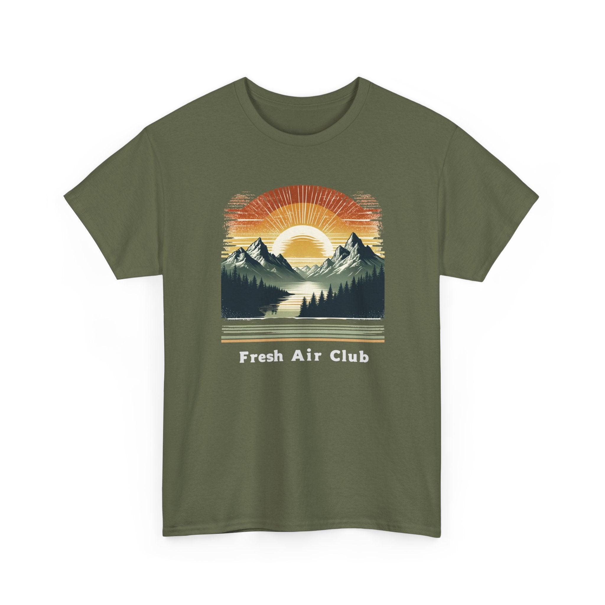 Green t-shirt with a mountain and sunset design and 'Fresh Air Club' text on a white background