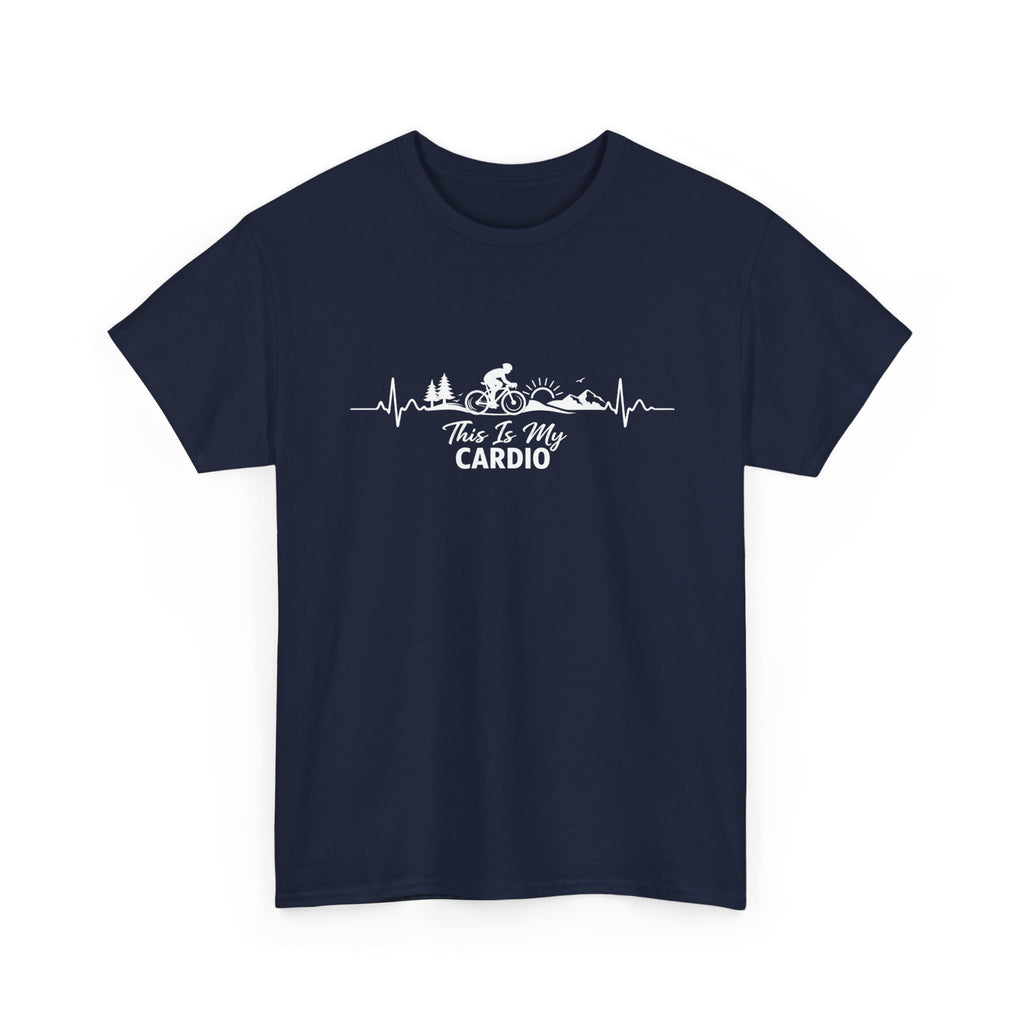 Navy blue t-shirt with white graphic and text 'This Is My Cardio' on a white background