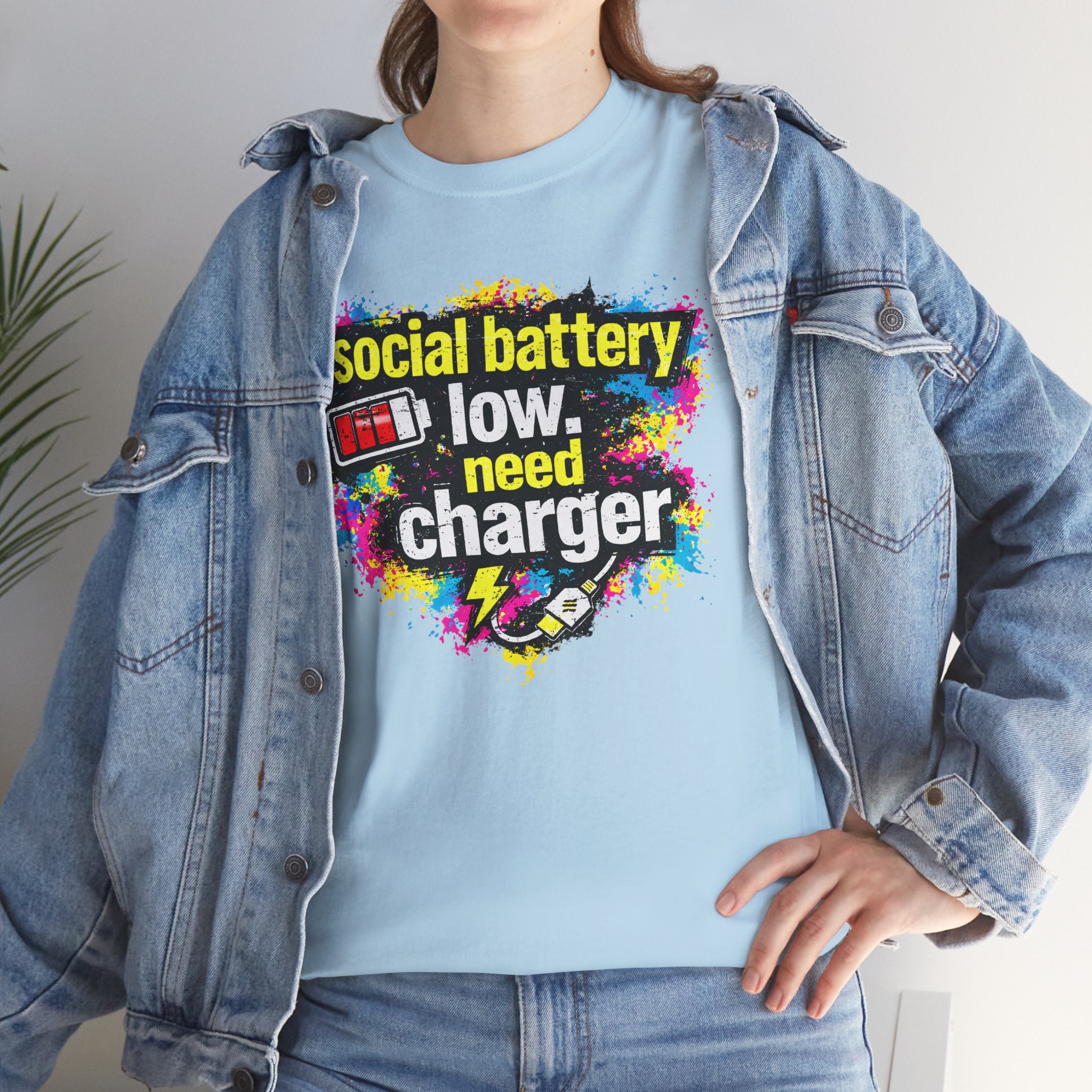 Social Battery Low Need Charger T-Shirt — Funny Sarcastic Introvert Graphic Tee