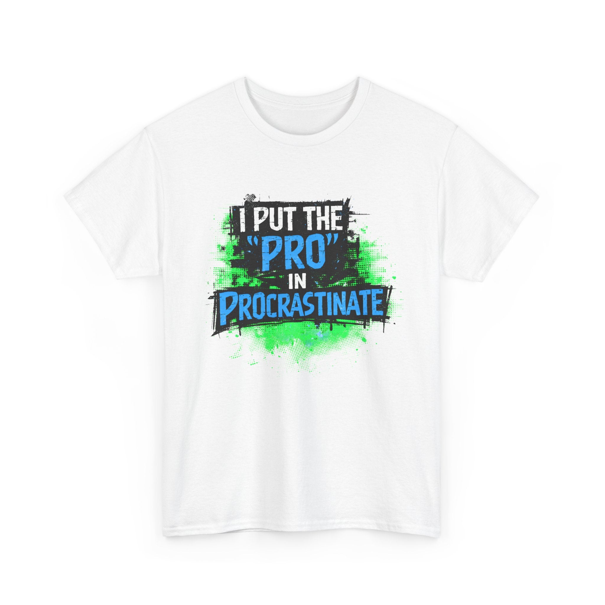 White t-shirt with humorous text 'i put the pro in procrastinate' design on a white background