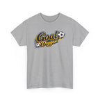Gray t-shirt with 'Goal Digger' text and soccer ball graphic on a white background