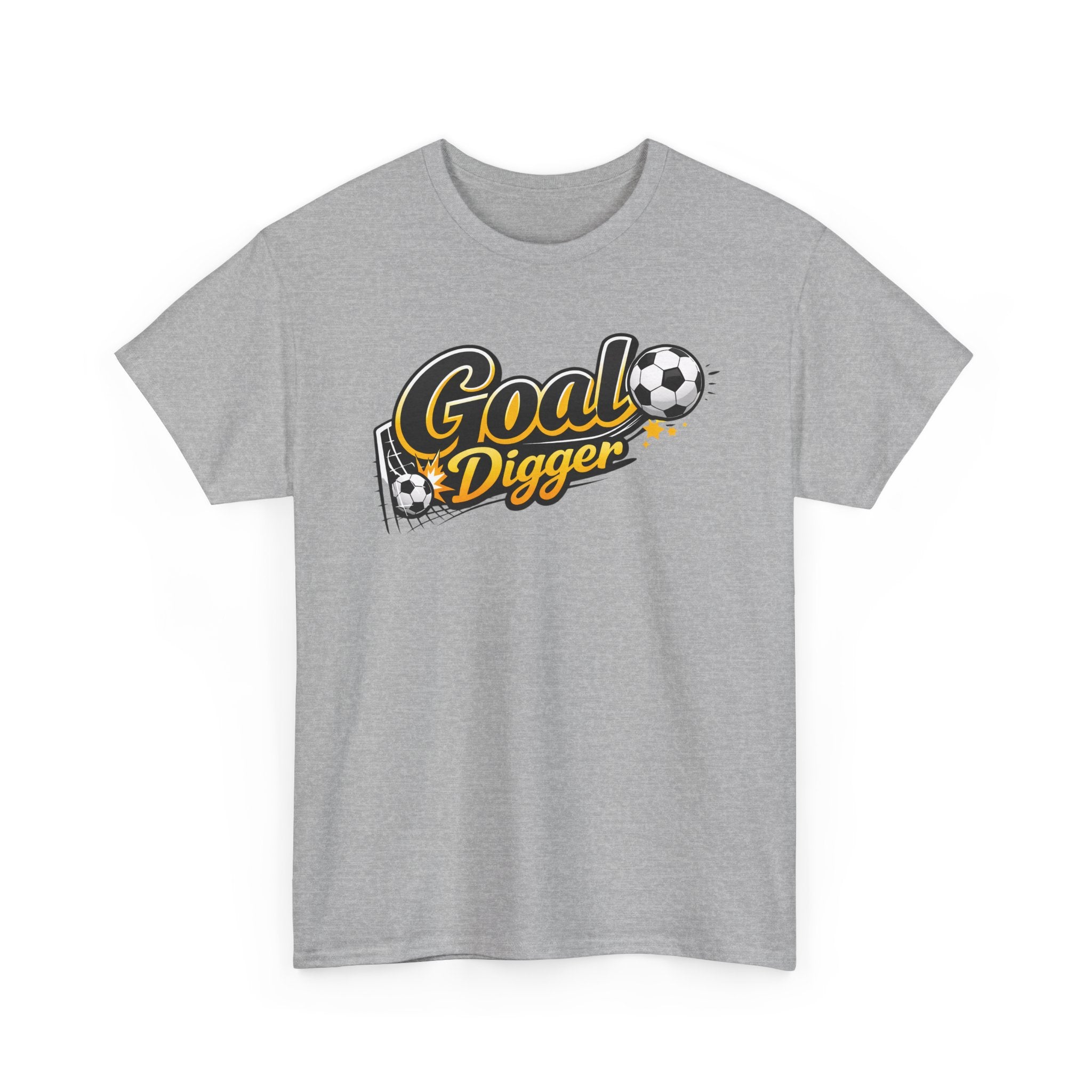 Gray t-shirt with 'Goal Digger' text and soccer ball graphic on a white background